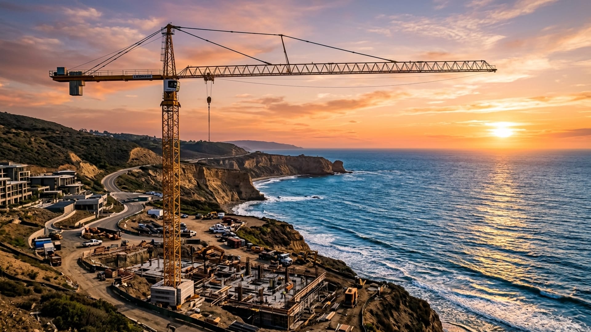 Tower crane over the California coastline